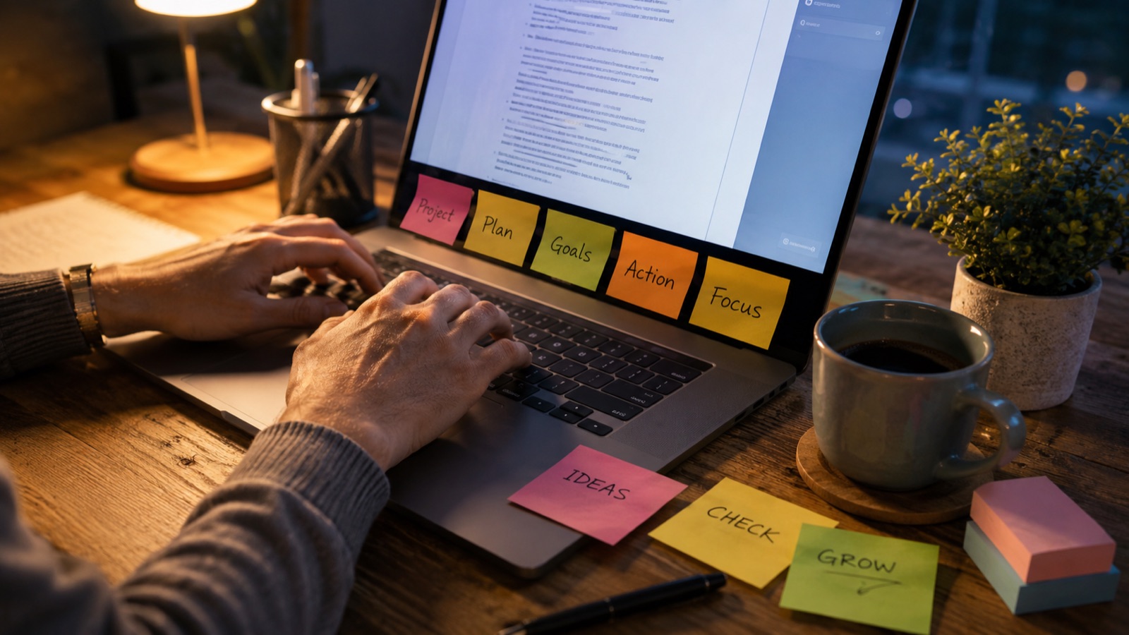 A desk covered in sticky notes of name ideas beside a laptop